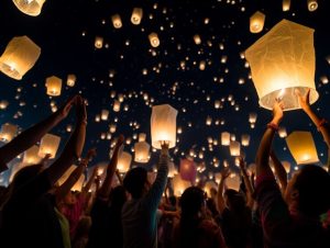 people celebrating Vesak Day with lanterns