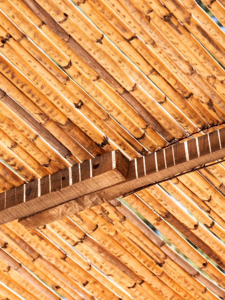 a close up of a roof made of wood planks